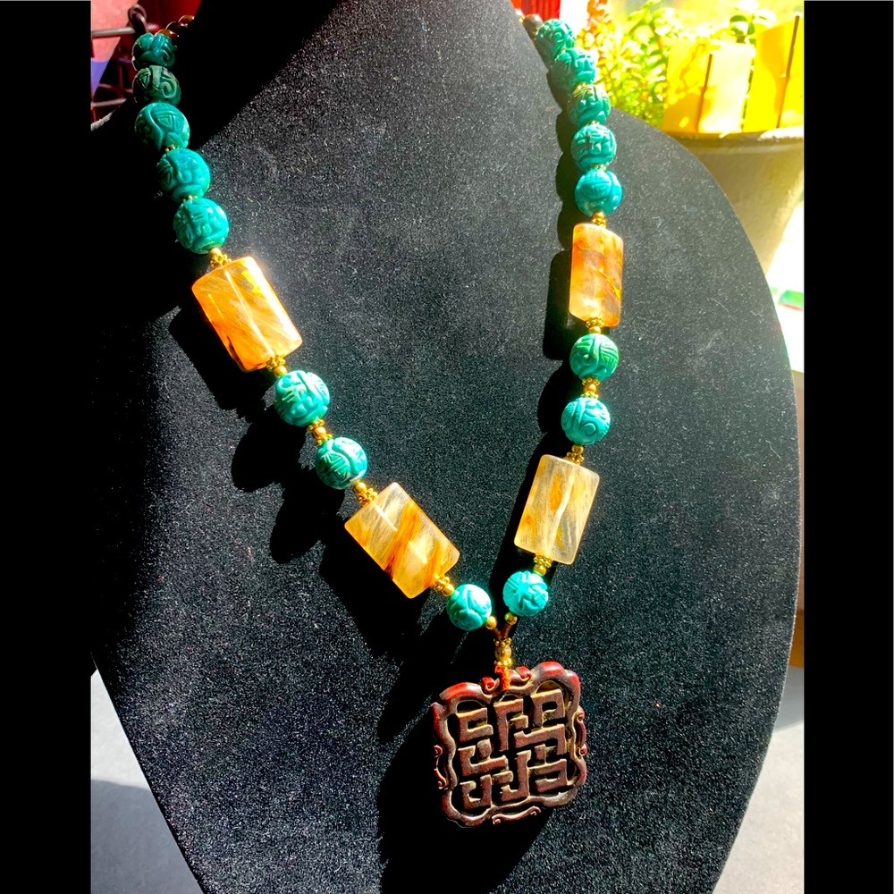 Blue Cinnabar and Stone necklace